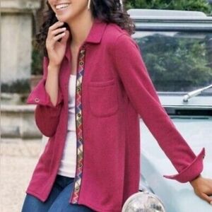 Soft Surroundings Snap Front Embroidery Accent Willow Fleece Shirt